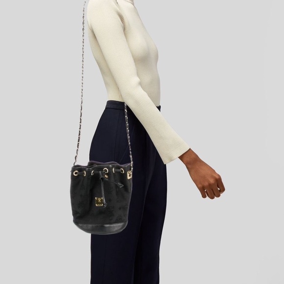 Authentic MCM Vintage Nylon Visetos Chain Bucket Drawstring Bag Black - Picture 3 of 13